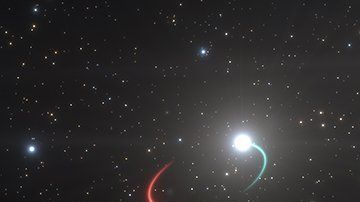 Derechos de autor de la imagenESO/L.CALÇADA
Image caption
Este es el sistema estelar HR 6819. La estrella interna (azul) orbita al agujero negro (rojo). La estrella externa (también en azul) gira en torno a los dos.