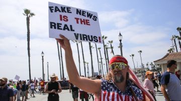 Un manifestante que duda de la existencia del SARS-CoV-2 y cree que "las noticias falsas son el verdadero virus".