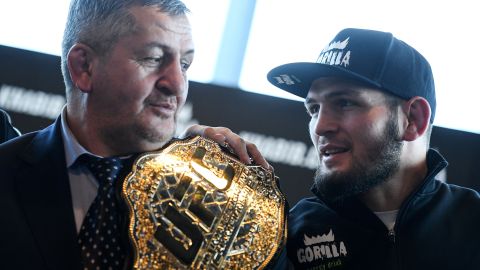 Mixed martial arts (MMA) fighter Khabib Nurmagomedov and and his father Abdulmanap Nurmagomedov give a press conference in Moscow on November 26, 2018. (Photo by Kirill KUDRYAVTSEV / AFP)        (Photo credit should read KIRILL KUDRYAVTSEV/AFP via Getty Images)