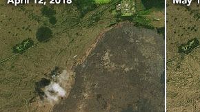 Las fotos muestran el cambio en la caldera de la cumbre de Kilauea, de abril de 2018 a mayo de 2020.