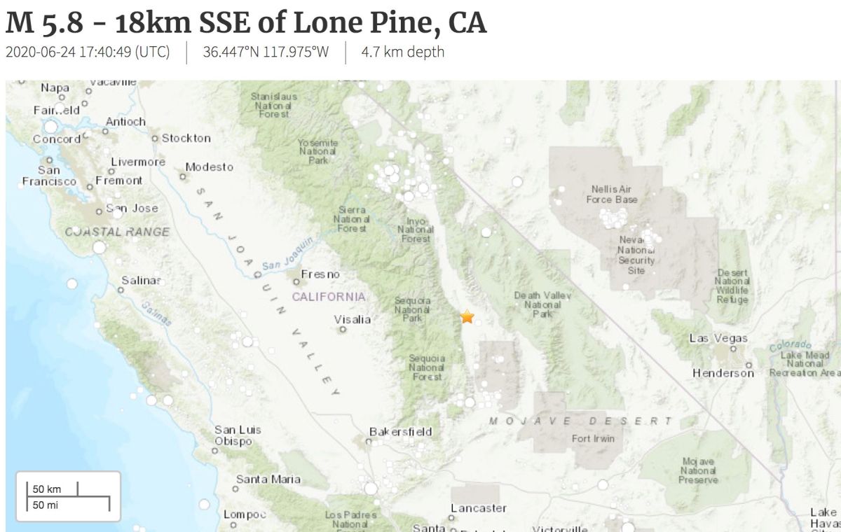 Ficha informativa del sismo registrado en California el 24 de junio de 2020.