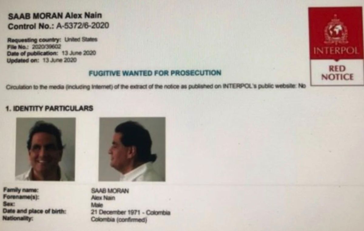 Ficha policial de Alex Saab en los registros de la Interpol.