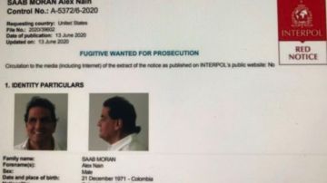 Ficha policial de Alex Saab en los registros de la Interpol.