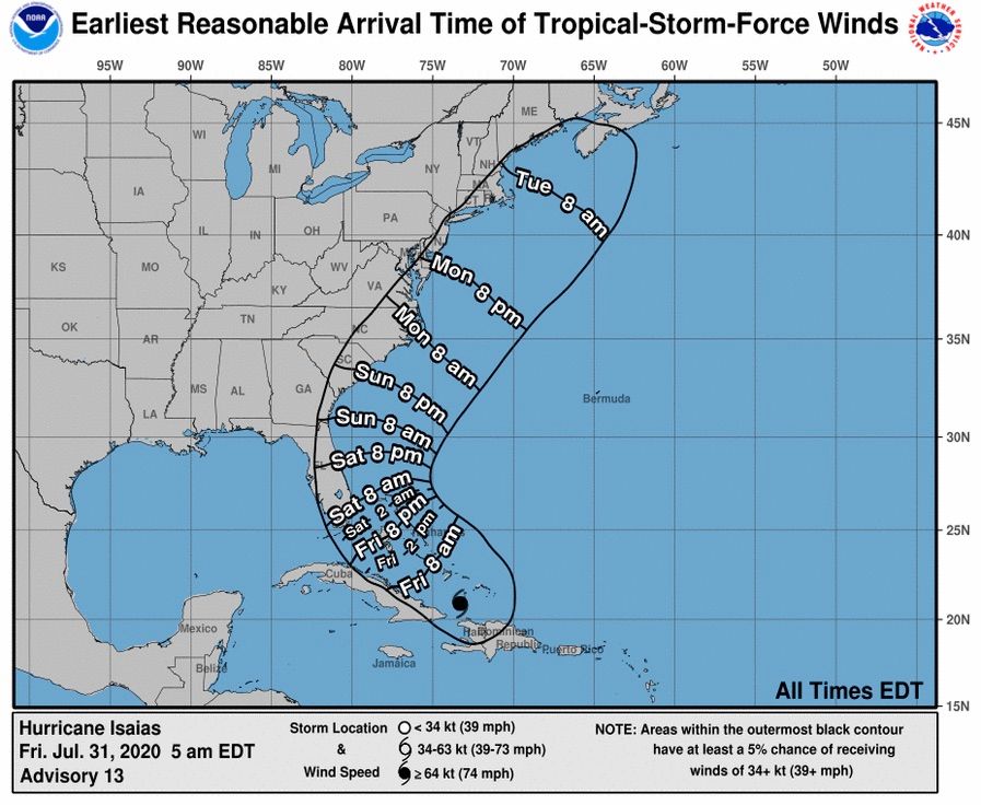 Pronóstico del Centro Nacional de Huracanes del huracán Isaías.
