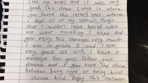 Nota de una niña para los futuros dueños de su caravana.