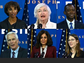 Equipo económico de Joe Biden (arriba de izquierda a derecha) nominados a presidir el Consejo de Asesores Económicos (CEA), Cecilia Rouse, secretaría del Tesoro, Janet Yellen, Subsecretario del Tesoro, Adewale Wally Adeyemo, (abajo) miembro de la CEA, Jared Bernstein, Oficina de la gestión del Presupuesto, Neera Tanden, y miembro de la CEA, Heather Boushey./AFP via Getty Images