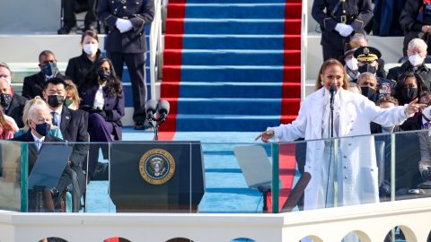 WASHINGTON, DC - JANUARY 20: Jennifer Lopez sing during the inauguration of U.S. President-elect Joe Biden on the West Front of the U.S. Capitol on January 20, 2021 in Washington, DC.  During today's inauguration ceremony Joe Biden becomes the 46th president of the United States. (Photo by Rob Carr/Getty Images)