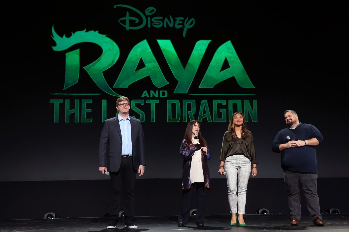 ANAHEIM, CALIFORNIA - AUGUST 24: (L-R) Director Dean Wellins, Producer Osnat Shurer, Writer Adele Lim, and Director Paul Briggs of 'Raya and the Last Dragon' took part today in the Walt Disney Studios presentation at Disney’s D23 EXPO 2019 in Anaheim, Calif.  'Raya and the Last Dragon' will be released in U.S. theaters on November 25, 2020. (Photo by Jesse Grant/Getty Images for Disney)