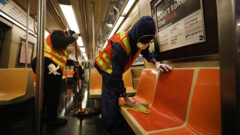 NEW YORK, NEW YORK - MAY 07: Workers clean a station as the New York City subway system, the largest public transportation system in the nation, is closed for nightly cleaning due to the continued spread of the coronavirus on May 07, 2020 in New York City. Following reports of homeless New Yorkers sleeping on the trains and the deaths of numerous subway employees, the Metropolitan Transportation Authority has decided to close New York’s subway system from 1am to 5am every evening for a deep cleaning. New York continues to be the national center of the COVID-19 outbreak. (Photo by Spencer Platt/Getty Images)