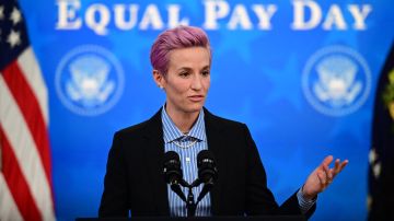 US soccer player Megan Rapinoe speaks during an Equal Pay Day event in the South Court Auditorium of the White House in Washington, DC on March 24, 2021. (Photo by JIM WATSON / AFP) (Photo by JIM WATSON/AFP via Getty Images)