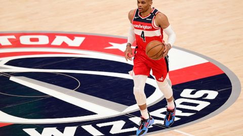 WASHINGTON, DC - APRIL 26: Russell Westbrook #4 of the Washington Wizards dribbles the ball against the San Antonio Spurs in the second half at Capital One Arena on April 26, 2021 in Washington, DC. NOTE TO USER: User expressly acknowledges and agrees that, by downloading and or using this photograph, User is consenting to the terms and conditions of the Getty Images License Agreement. (Photo by Patrick McDermott/Getty Images)