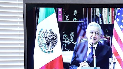 US Vice President Kamala Harris speaks during a virtual bilateral meeting with Mexican President Andres Manuel Lopez Obrador, in the Vice President's Ceremonial Office in the Eisenhower Executive Office Building on the White House campus in Washington, DC, USA, 07 May 2021. (Estados Unidos) EFE/EPA/OLIVER CONTRERAS / POOL