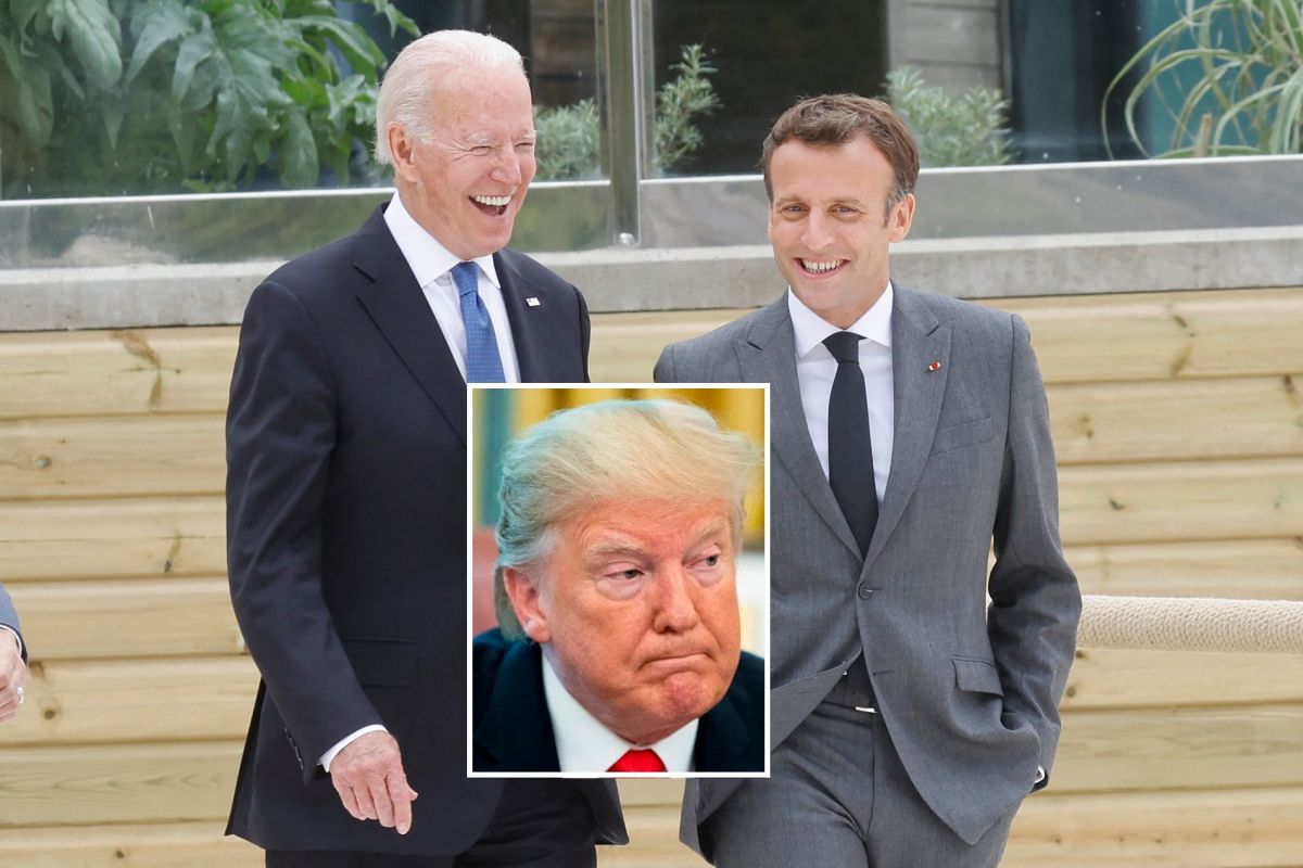El presidente Joe Biden, el mandatario francés Emmanuel Macron y el expresidente Donald Trump.