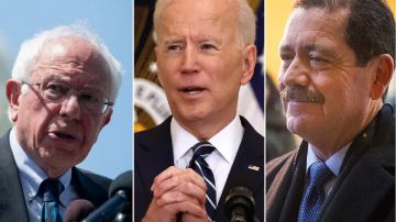 El senador Bernie Sanders, el presidente Joe Biden y el senador Jesús "Chuy" García.