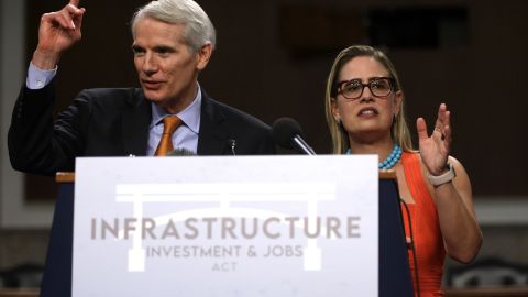 Los senadores Portman y Sinema en la rueda de prensa sobre el proyecto de infraestructura bipartidista.