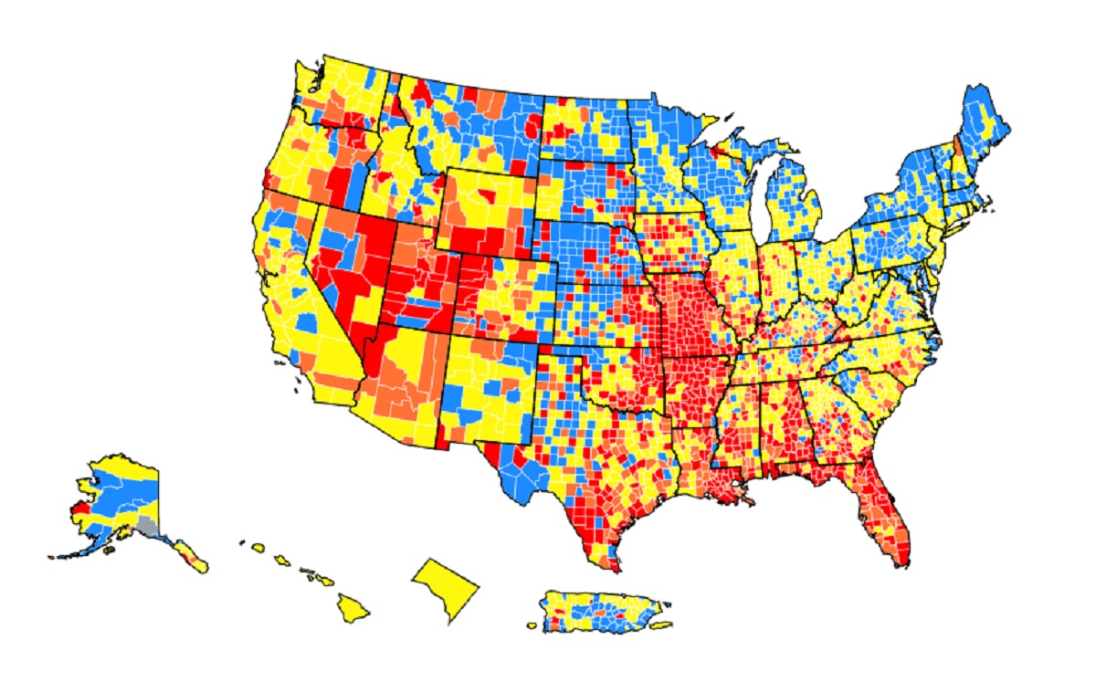 Crece el color rojo entre los condados del sur y centro del país.