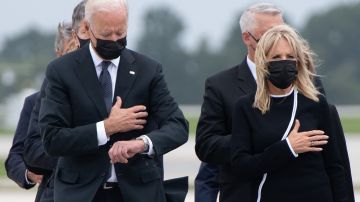 El presidente Biden viendo su reloj durante ceremonia por los 13 soldados muertos en Afganistán.