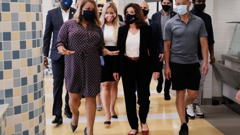 NEW YORK, NEW YORK - AUGUST 18: Lt. Gov. Kathy Hochul tours a Queens public school to view safety precautions ahead of its opening during the continued Covid outbreak on August 18, 2021 in New York City. Hochul, who will become the governor of New York State on August 24th, is replacing current governor Andrew Cuomo who is resigning following numerous allegations of sexual misconduct. (Photo by Spencer Platt/Getty Images)