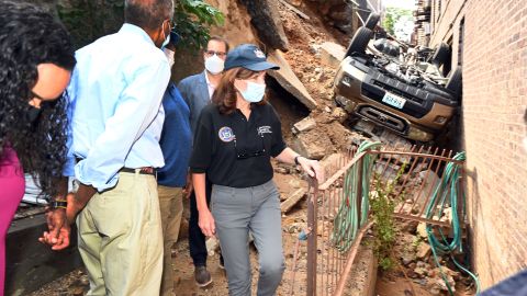 September 4, 2021 - Inwood, New York City - Governor Kathy Hochul tours a storm damaged apartment complex in the Inwood section of Upper Manhattan Saturday September 4, 2021. The heavy rains of Tropical Storm Ida loosened the earth forcing part of a parking garage to collapse and damage a ground floor apartment on West 218th Street. It destroyed a passenger vehicle in the process. (Kevin P. Coughlin / Office of the Governor)