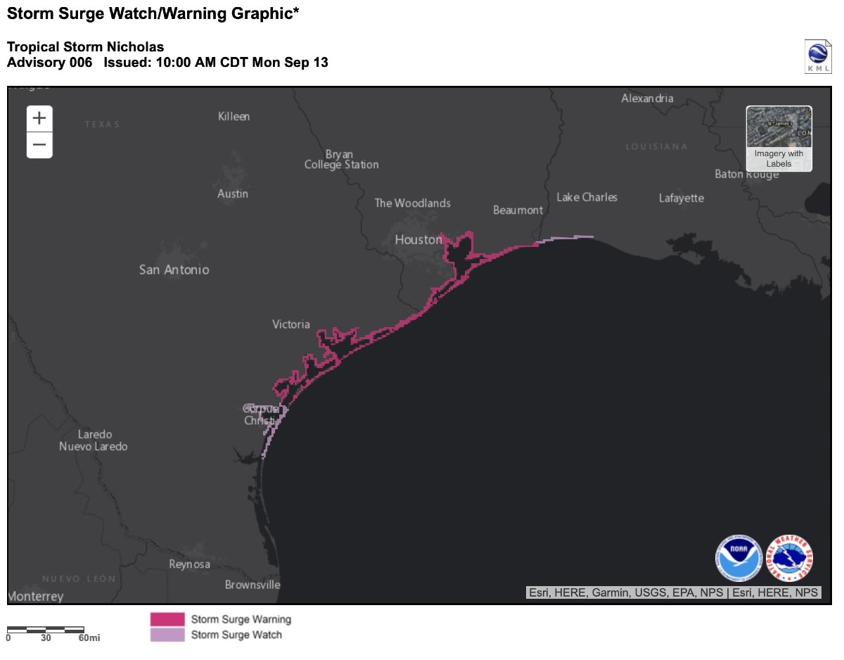 Texas and Louisiana on alert for passage of Tropical Storm Nicholas