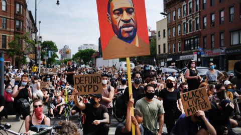 NEW YORK, NEW YORK - JUNE 05: Protesters march in downtown Brooklyn over the killing of George Floyd by a Minneapolis Police officer on June 05, 2020 in New York City. The white police officer, Derek Chauvin, has been charged with second-degree murder and the three other officers who participated in the arrest have been charged with aiding and abetting second-degree murder. Floyd's death, the most recent in a series of deaths of African Americans at the hands of police, has set off days and nights of protests across the country. (Photo by Spencer Platt/Getty Images)