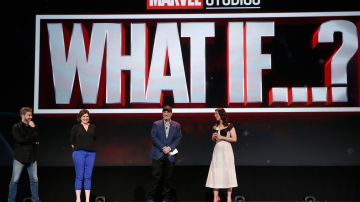 El presidente de Marvel Studios Kevin Feige, acompañado de la actriz Hayley Atwell, la escritora A.C. Bradley y el director Bryan Andrews presentes en la D23 EXPO 2019 de Disney.