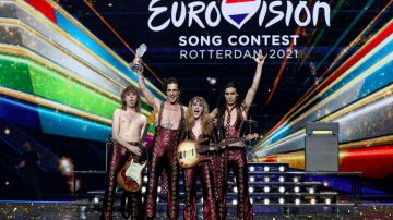 Thomas Raggi, Damiano David, Victoria De Angelis y Ethan Torchio, reaccionan tras haber cantado la canción "Zitti e buoni" durante la edición 65º de la Eurovisión 2021.