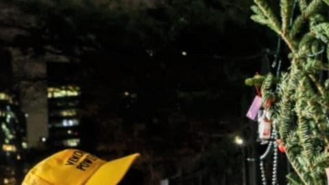 En la protesta, los vendedores decoraron un árbol de Navidad con los cientos de tickets de multas.