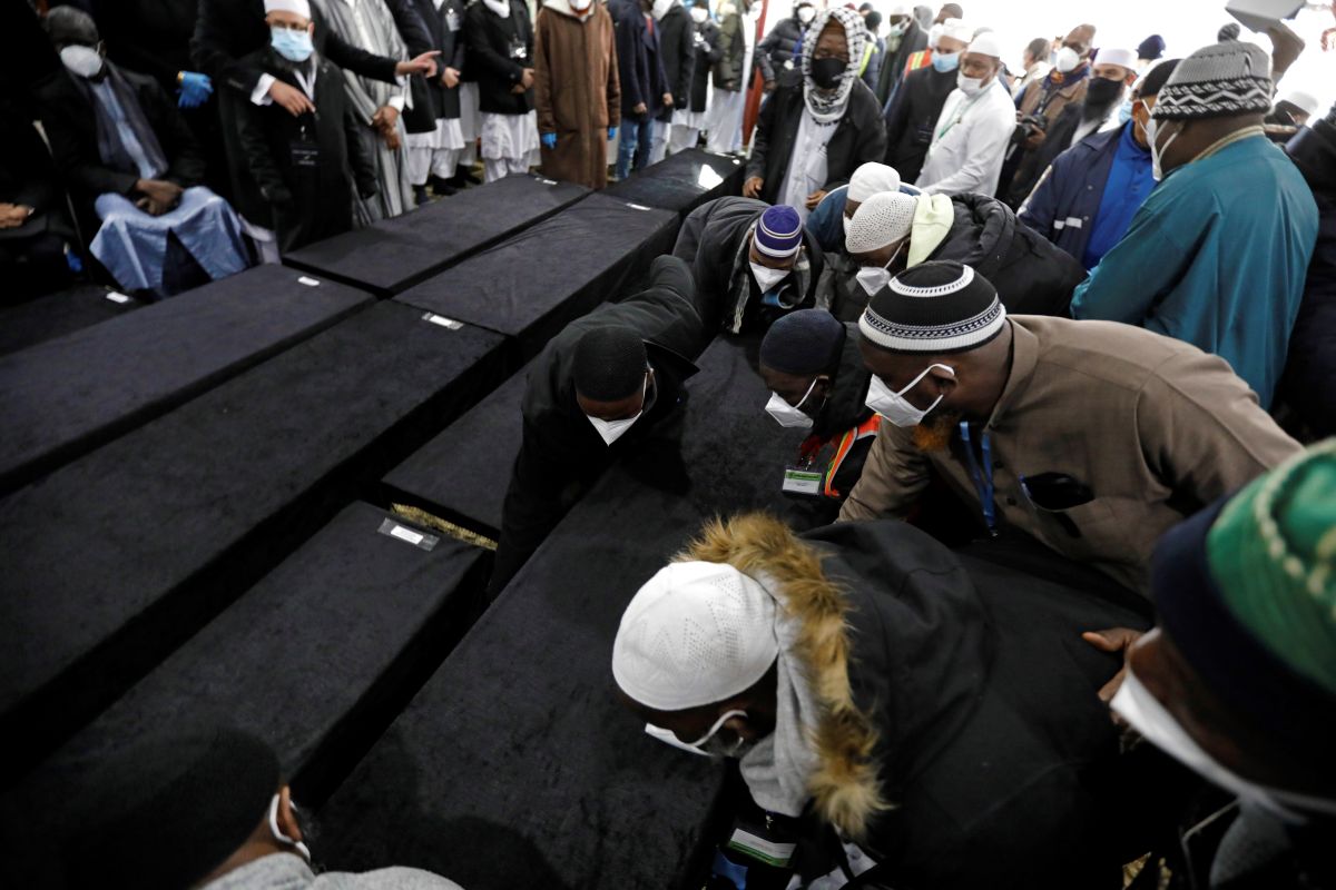 Coffins with the bodies of the victims of the fire in the Bronx were taken to the Islamic Cultural Center, where funeral ceremonies were held on Monday.