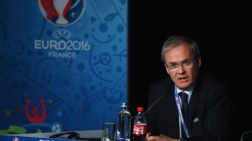 El director de competiciones de la UEFA, Giorgio Marchetti, durante la rueda de prensa de presentación de la Eurocopa 2016 en Francia.