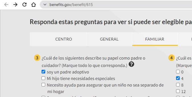 Captura de pantalla del Formulario de Elegibilidad del Fondo para el Cuidado y Desarrollo Infantil