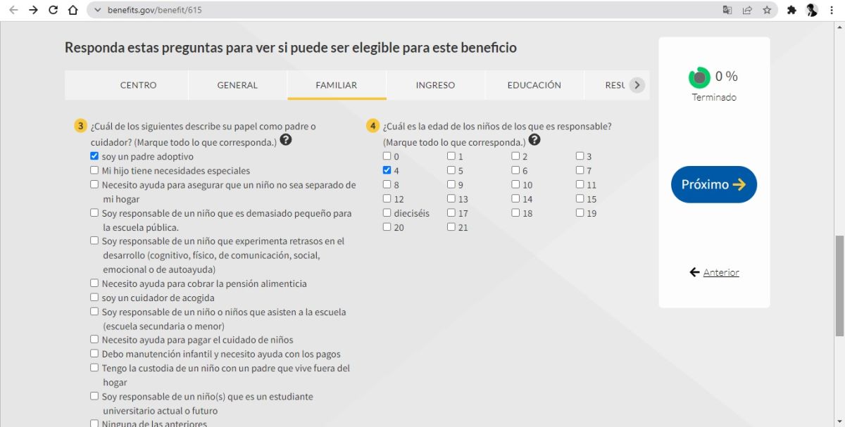 Captura de pantalla del Formulario de Elegibilidad del Fondo para el Cuidado y Desarrollo Infantil