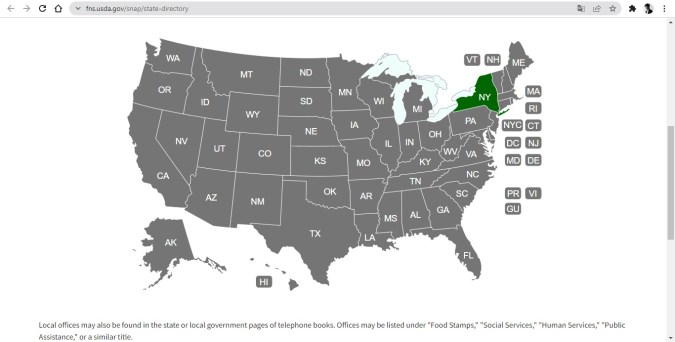 Captura de pantalla del mapa de ubicaciones de estatales del Programa SNAP en Estados Unidos.
