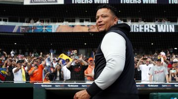 DETROIT, MICHIGAN - APRIL 23: Miguel Cabrera #24 of the Detroit Tigers looks on after a 13-0 win during Game One of a doubleheader against the Colorado Rockies at Comerica Park on April 23, 2022 in Detroit, Michigan. Cabrera hit his 3000th and 3001st hits of his career during the game. (Photo by Katelyn Mulcahy/Getty Images)