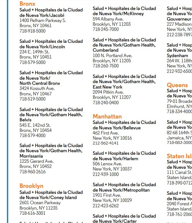 Captura de pantalla de la página web oficial del gobierno del estado de Nueva York mostrando los centros de atención y hospitales donde los residentes pueden recibir atención médica de bajo costo o gratuita.