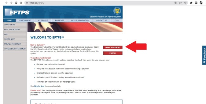 Captura de pantalla del sitio web oficial del Sistema de Pago Electrónico de Impuestos Federales