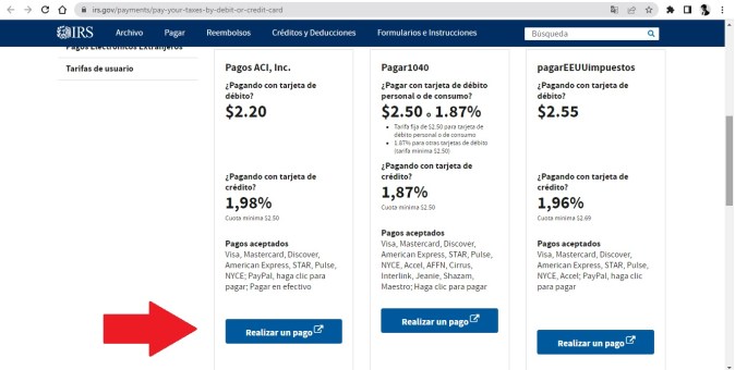 Captura de pantalla del sitio web oficial del IRS