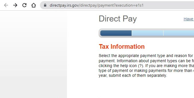Captura de pantalla del sitio web oficial IRS DirectPay.