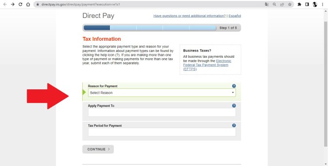 Captura de pantalla del sitio web oficial IRS DirectPay.