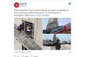 ¡Tremendo susto! Limpiadores de ventanas quedaron colgando en rascacielos de la 5ta Avenida de Nueva York