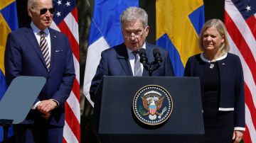 President Biden, Sweden's Prime Minister Andersson, And Finland's President Niinisto Speak In The Rose Garden Of The White House