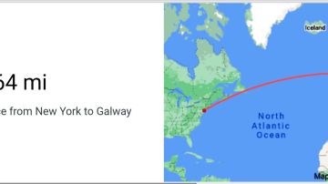 3,064 millas (4,931 kms) de Nueva York a Galway, Irlanda.