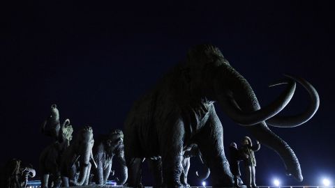 El colmillo de mamut sobresale de la orilla de un río en Alaska.