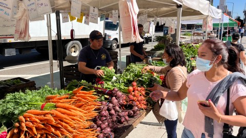 El mexicano Bernardo Montes explica a una compradora sobre el cultivo de hortalizas.