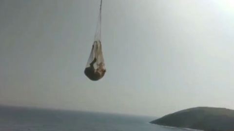 Momento en el que un helicóptero rescata a una vaca que cayó a un acantilado.
