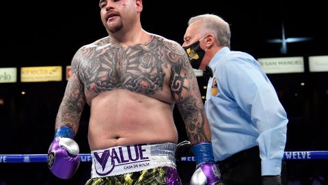 CARSON, CALIFORNIA - MAY 01: Andy Ruiz reacts as he heads to a corner for a count from referee Jack Reiss during his fight against Chris Arreola, Ruiz would win in a 12 round unanimous decision, during a heavyweight bout at Dignity Health Sports Park on May 01, 2021 in Carson, California. (Photo by Harry How/Getty Images)