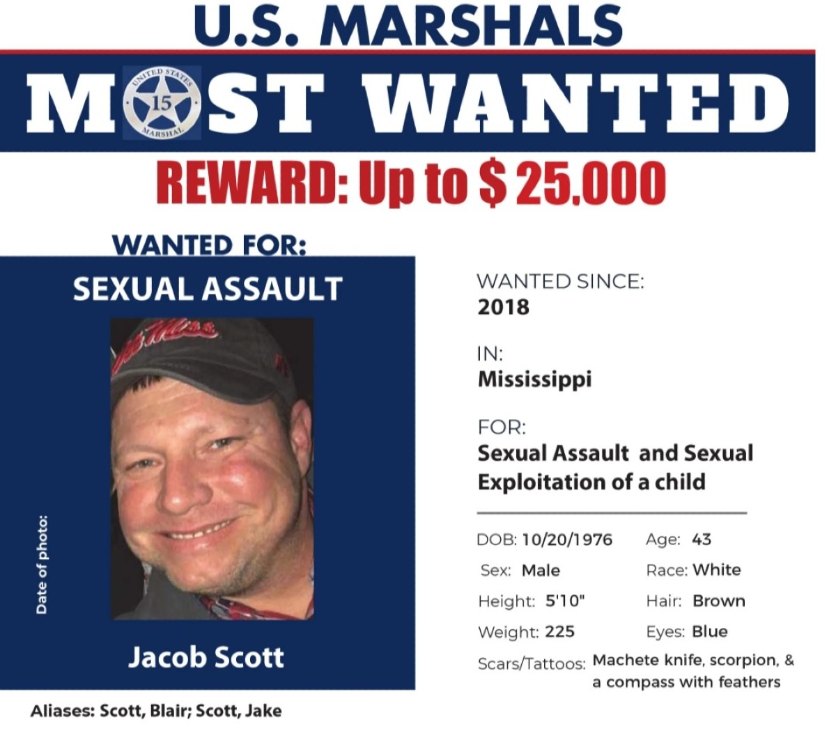 Jacob Scott era buscado por la Oficina de Alguaciles Federales de Estados Unidos.