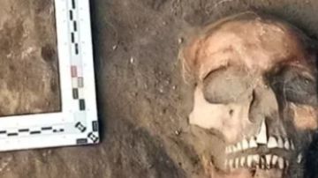El supuesta vampiro enterrada con una hoz en el cuello.