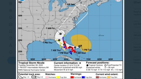 Proyección de la tormenta Nicole en la costa este.