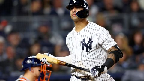 NEW YORK, NEW YORK - OCTOBER 22: Gleyber Torres #25 of the New York Yankees reacts after striking out against the Houston Astros d7i in game three of the American League Championship Series at Yankee Stadium on October 22, 2022 in New York City. (Photo by Elsa/Getty Images)